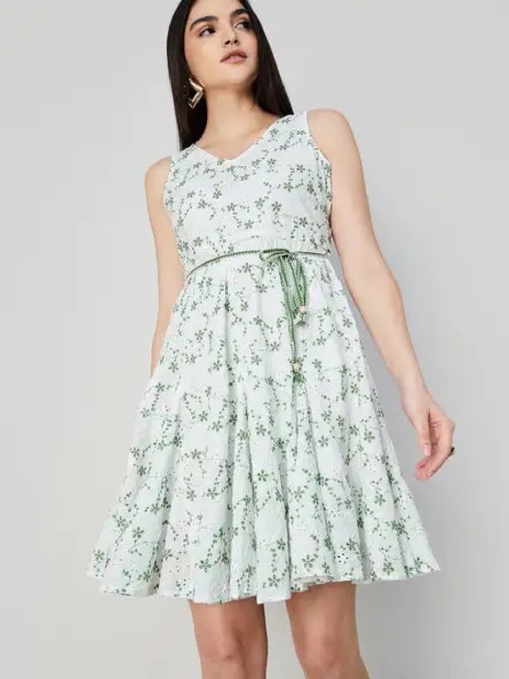 Cottage Core Countryside 100% Cotton Floral Tie-Waist Mini Dress